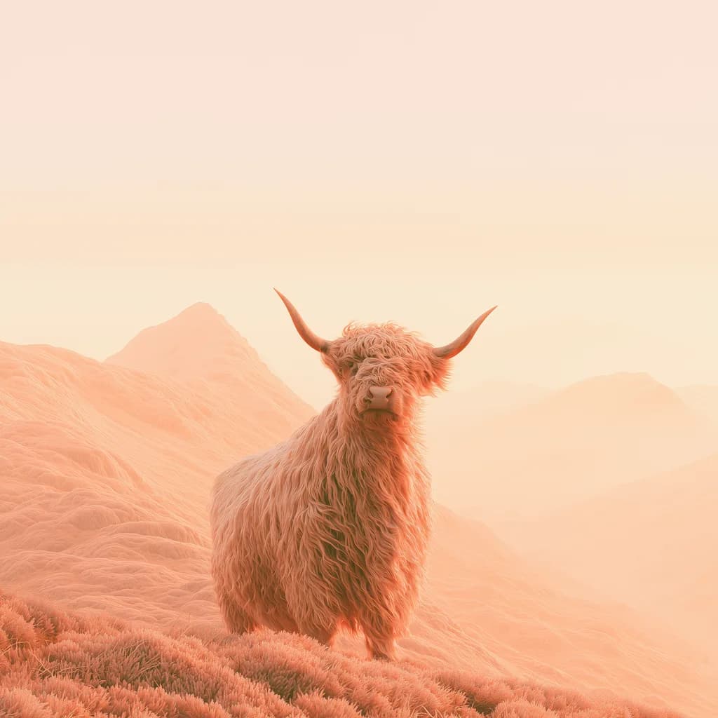 A Highland cow standing on a ridge in warm morning haze